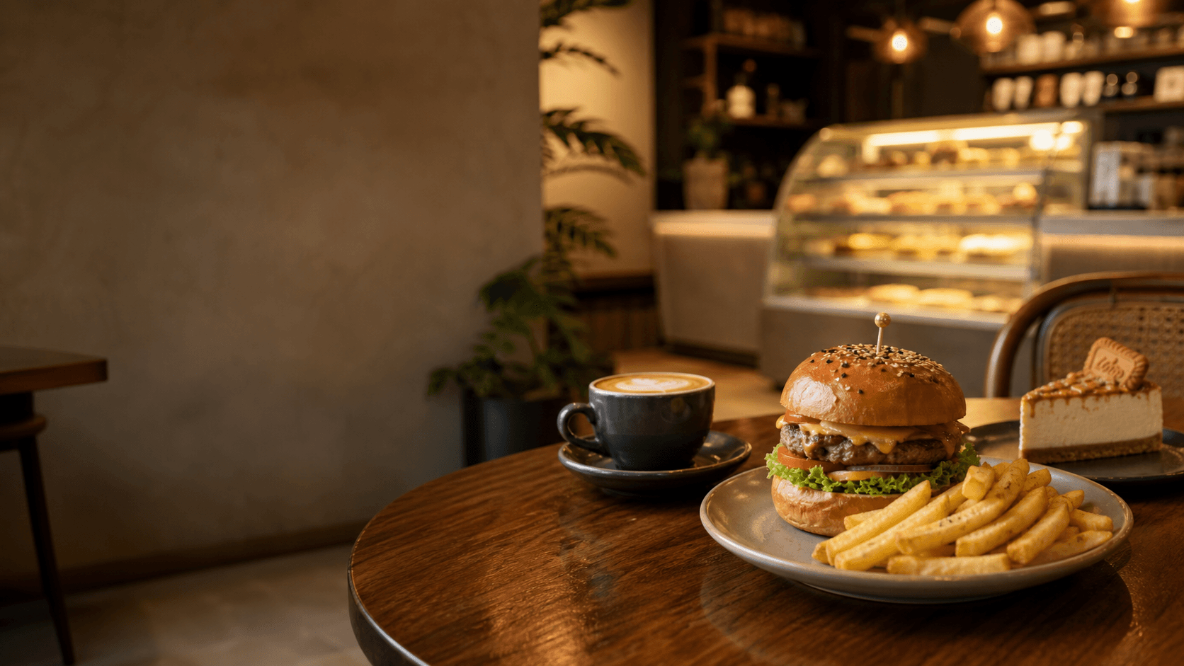 Premium cafe table with coffee, burger, fries, and dessert